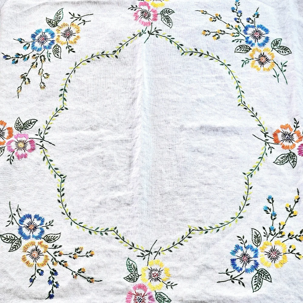 Vintage Embroidered Linen Tablecloth Spring & Summer Flowers Handmade 48 X 48